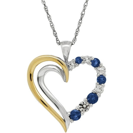 Duet Created Blue Sapphire with White Topaz Sterling Silver and 10kt Yellow Gold Open Heart Pendant, 18