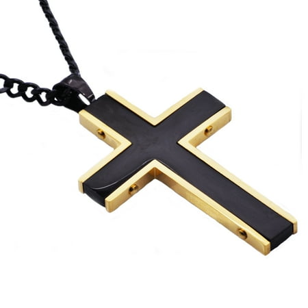 Mens Black And Gold Plated Stainless Steel Cross Pendant