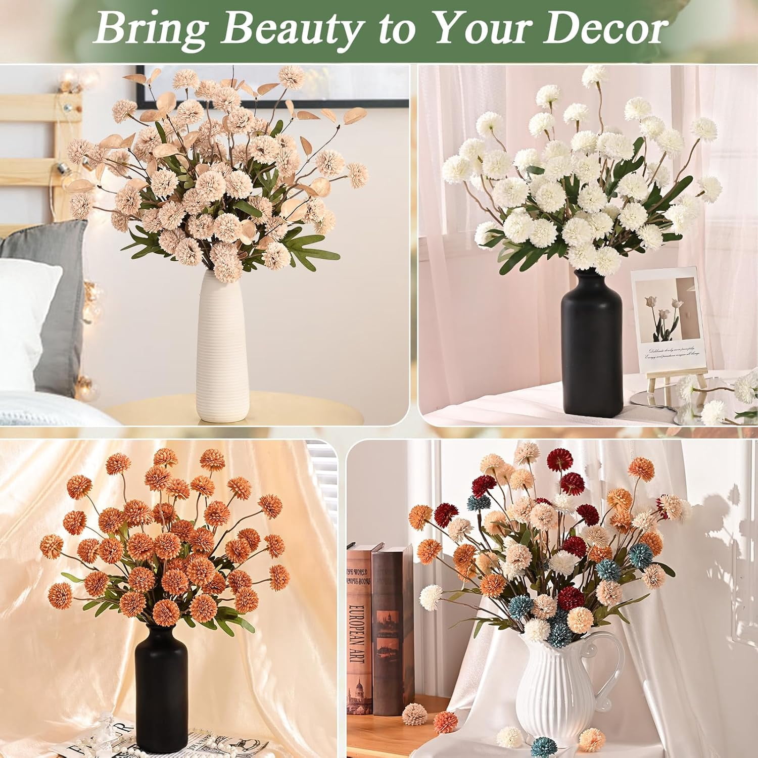 Yastouay 12Pcs Fake Chrysanthemum Flowers,21in Faux Kiku Flowers Silk Pompon Mums for Home Table Wedding Arrangements,White