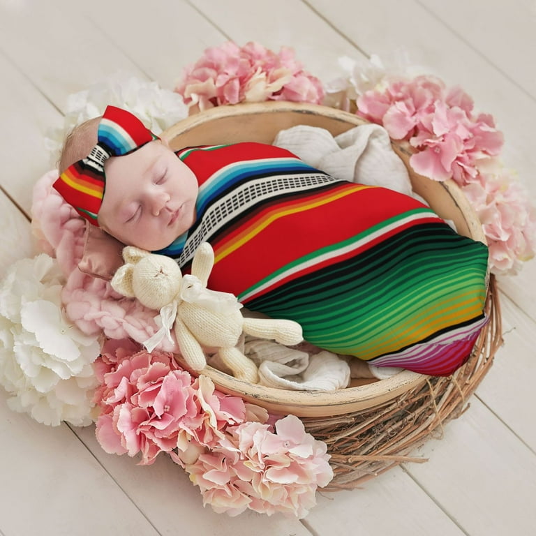 Noewx Mexican Serape Blanket Stripes Baby Girl Swaddle Blanket Set Baby Boy Newborn Receiving with Matching Hat and Bow Headband Walmart
