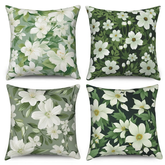 PBOBRIICH Green Throw Pillow Covers Set of 4,White Flower Linen Pillowcase for Living Room Bedroom Decor,18x18 Inch