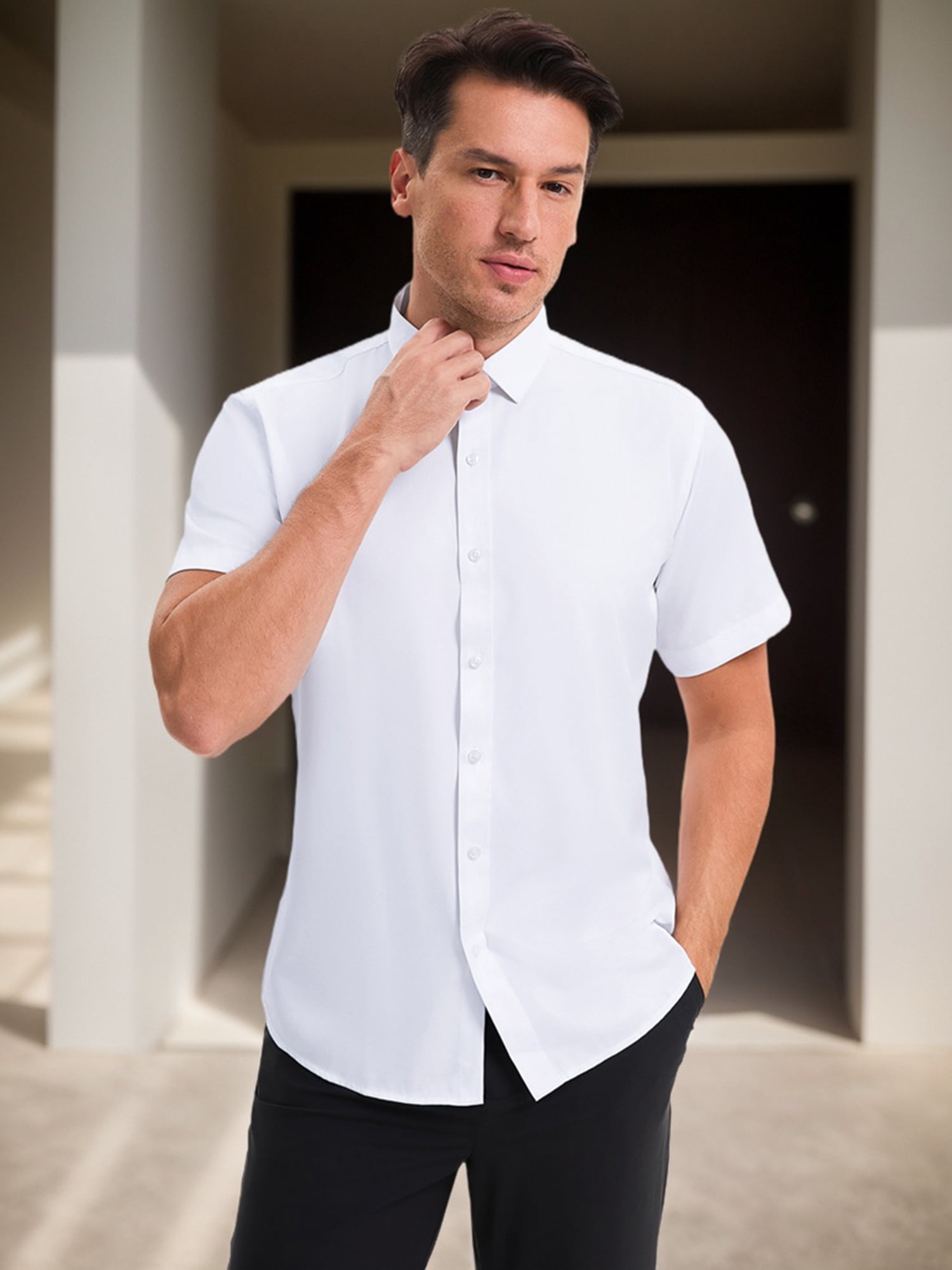 Unique Bargains Men's Short Sleeve Lightweight Business Formal Button Down Shirt M White