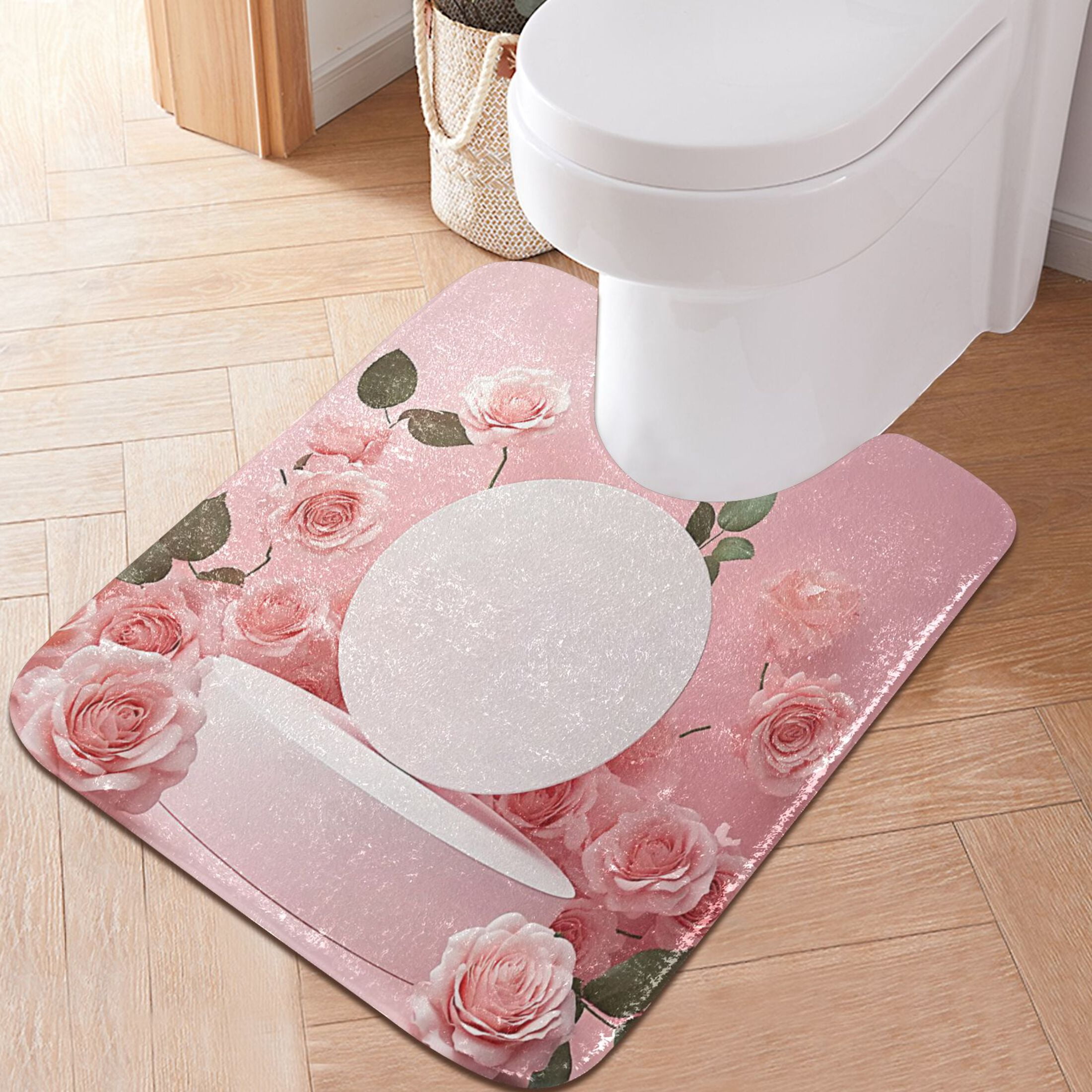 2 Piece Soft Bathroom Rug Set Light Pink Roses Bath Mat and U-Shaped Toilet Contour Rug (16"x24"+20"x24")