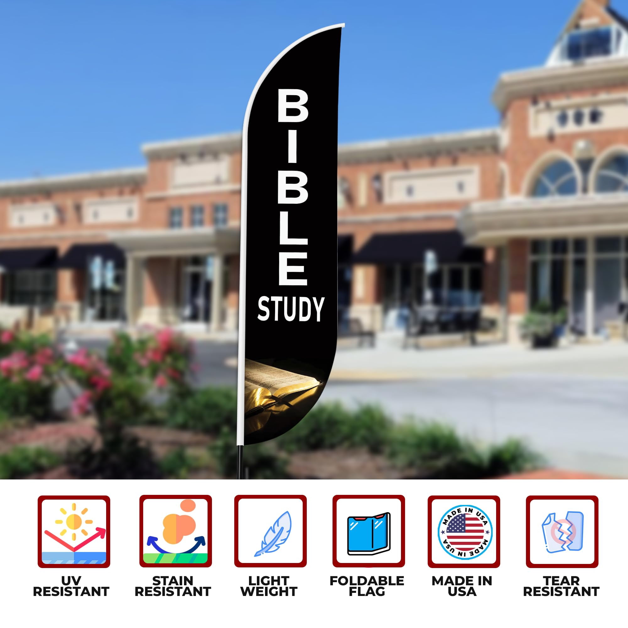 Bible Study Sign feather flag Pole kit for Outdoor by Mavis | 15 FEET Tall Polyester Banner Flag Pole Mount with Cover for Easy Hang | HD Print Swooper Flags to Promote Church Activity