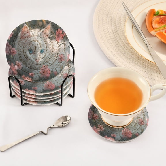 BZSMCE 6Pcs Drink Coasters With Holder 3.94Inch White Cat Creative Coil Coaster Coasters Colors Absorbent Coasters for Drinks Coasters Set Thicken Heat for Home Table