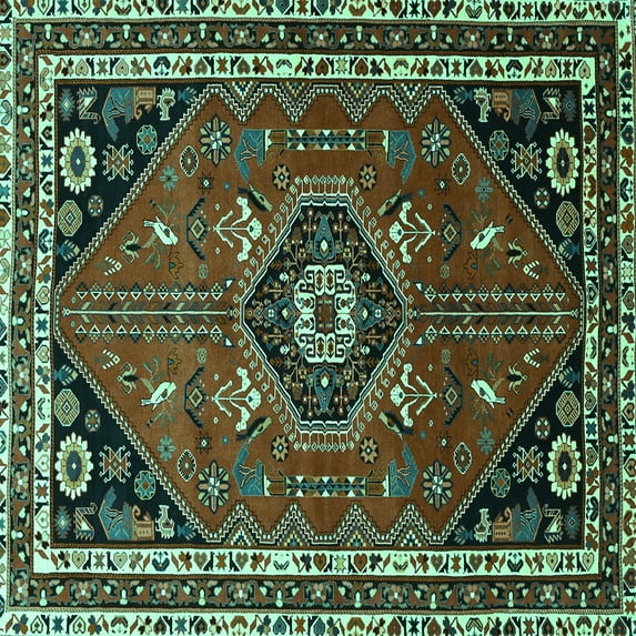 Ahgly Company Machine Washable Indoor Square Medallion Turquoise Blue Traditional Area Rugs, 4' Square