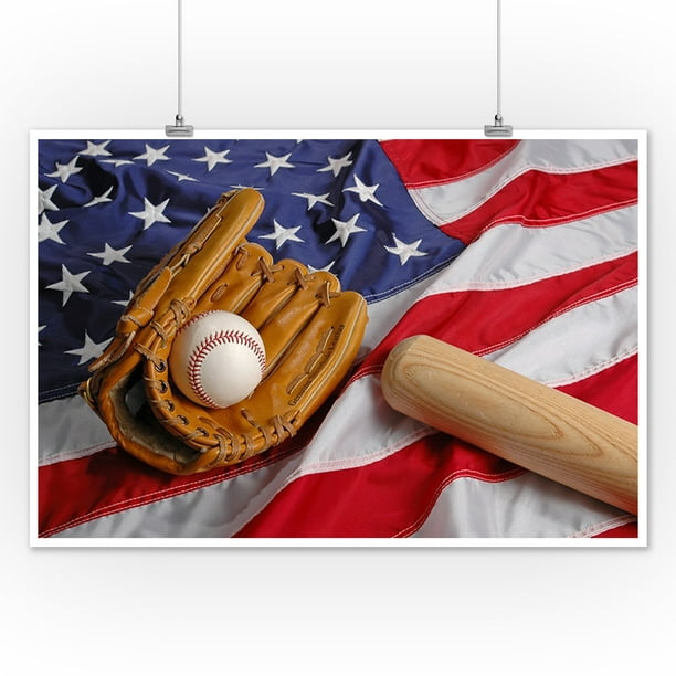 Baseball, Glove, and Bat on American Flag Photography A89885 (12x18