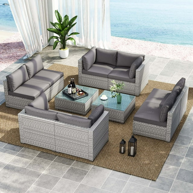 Costway 10 PCS Outdoor Patio Sectional Sofa Couch PE Rattan Conversation Set Gray