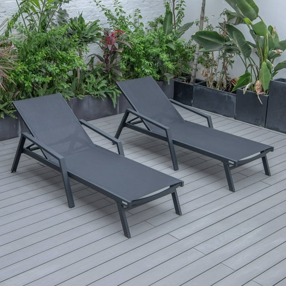 LeisureMod Marlin Poolside Outdoor Patio Lawn and Garden Modern Black Powder Coated Aluminum Frame Suntan Sling Chaise Lounge Chair with Armrests, Set of 2 (Black)