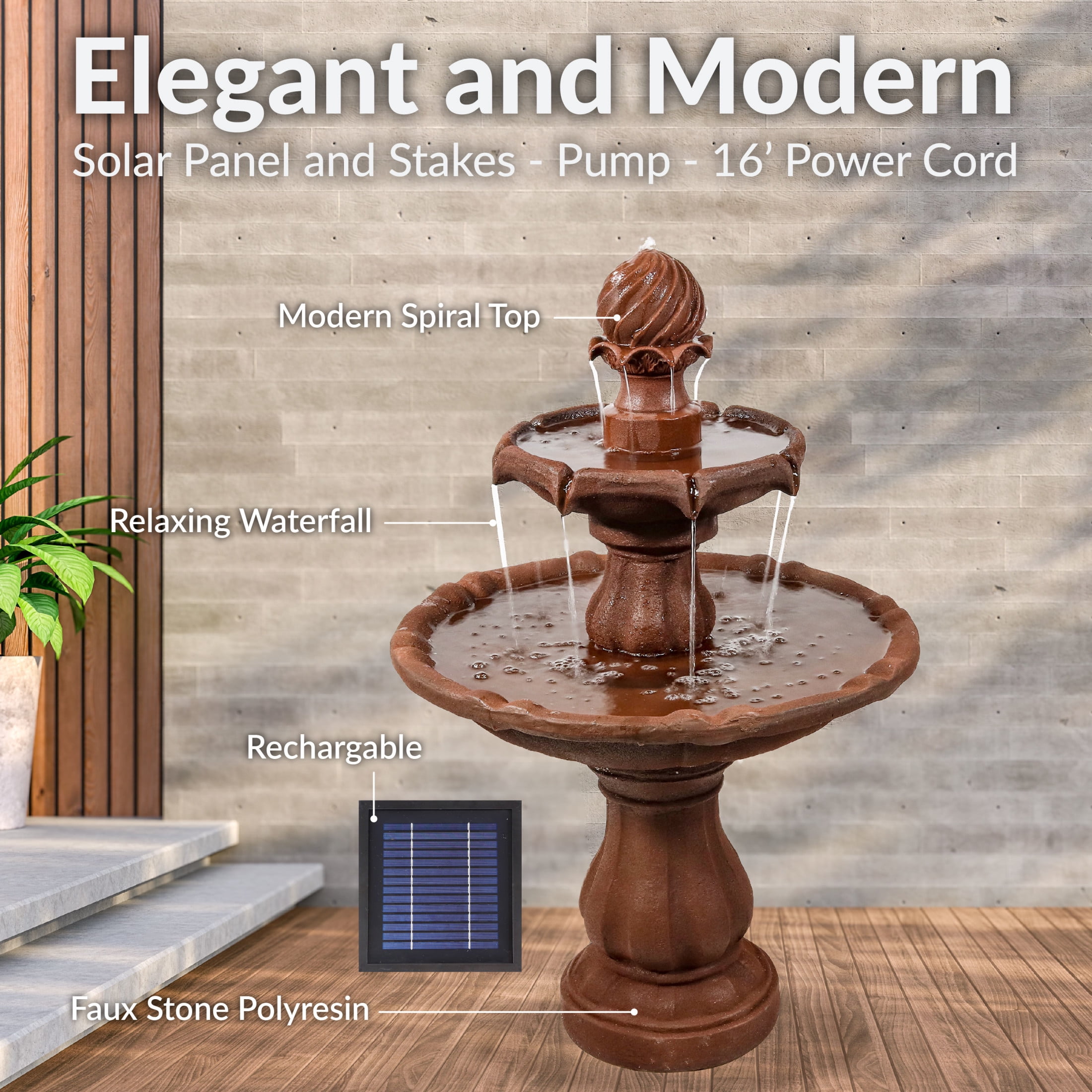 Sunnydaze Traditional Rust Resin 2-Tier Solar Fountain with Battery