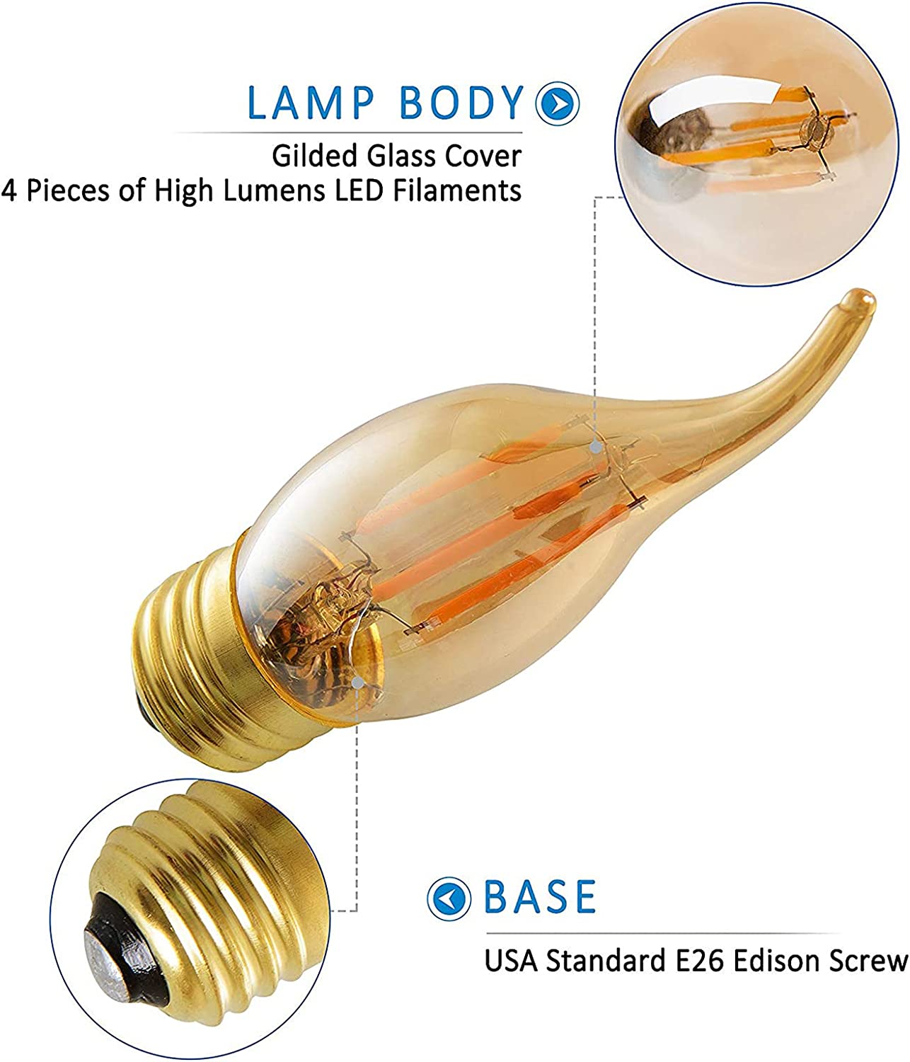 PANLAVIE Vintage LED Filament Bulb, 6-Pack Amber Chandelier Bulbs, 40 Watts Equal E26 Medium Base