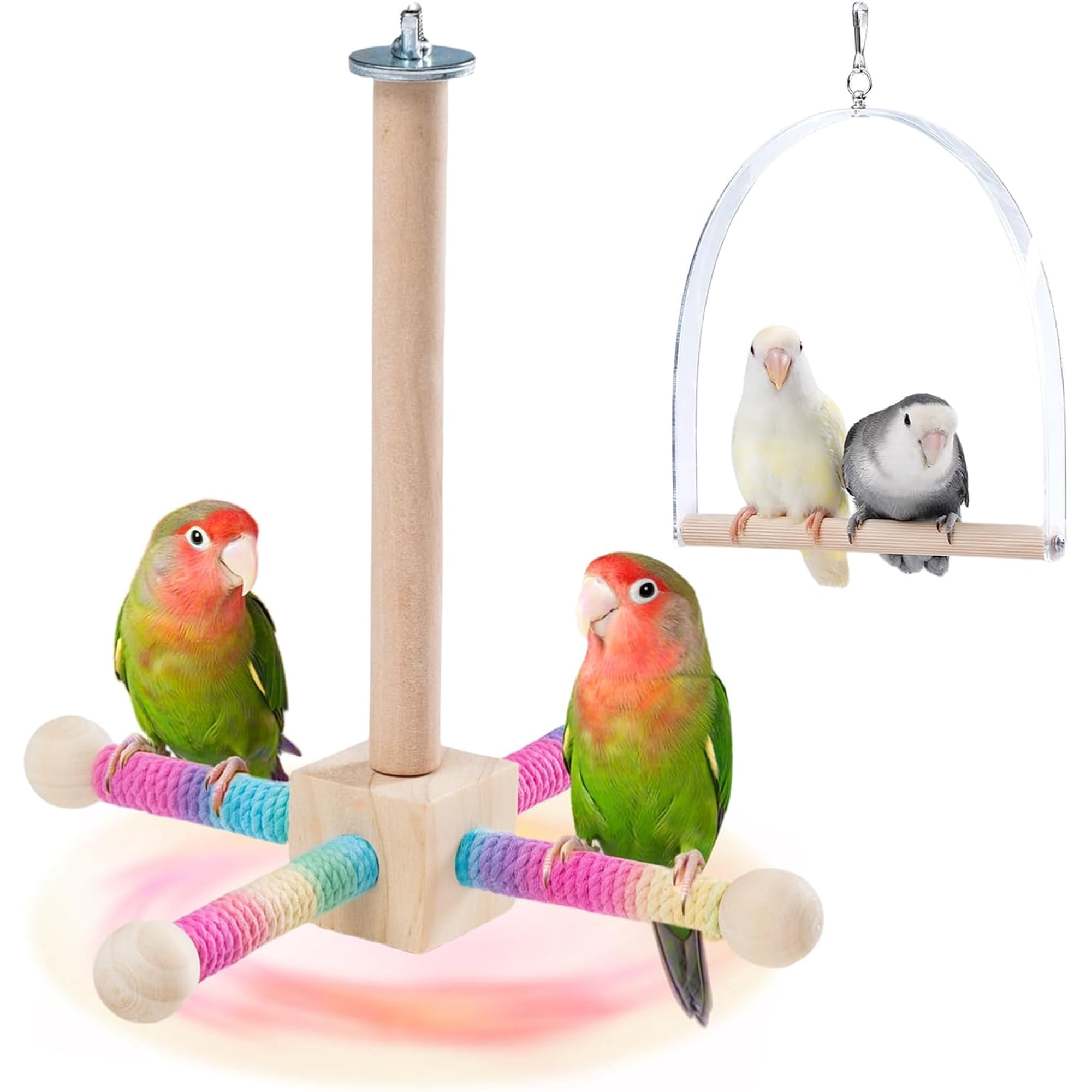 9" Hanging Bird Perch Toy for Cage, 360° Silent Free-Spin, Wooden Bird Cage Accessories, Relieve Boredom Anxiety, for Parrots, Parakeets, Cockatiels, Small to Medium Birds, with Poplar Swing