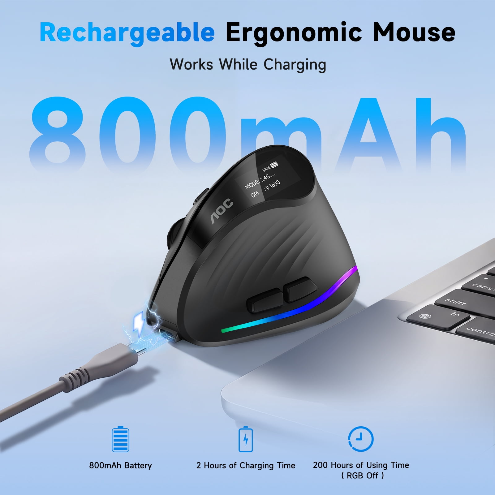 AOC Ergonomic Mouse, Wireless Rechargeable Vertical Mouse, 200H Working Time, 4800 DPI Optical Tracking, Silent Button, RGB, 2.4GHz Programmable Mice for Laptop, Desktop, MacBook, Black