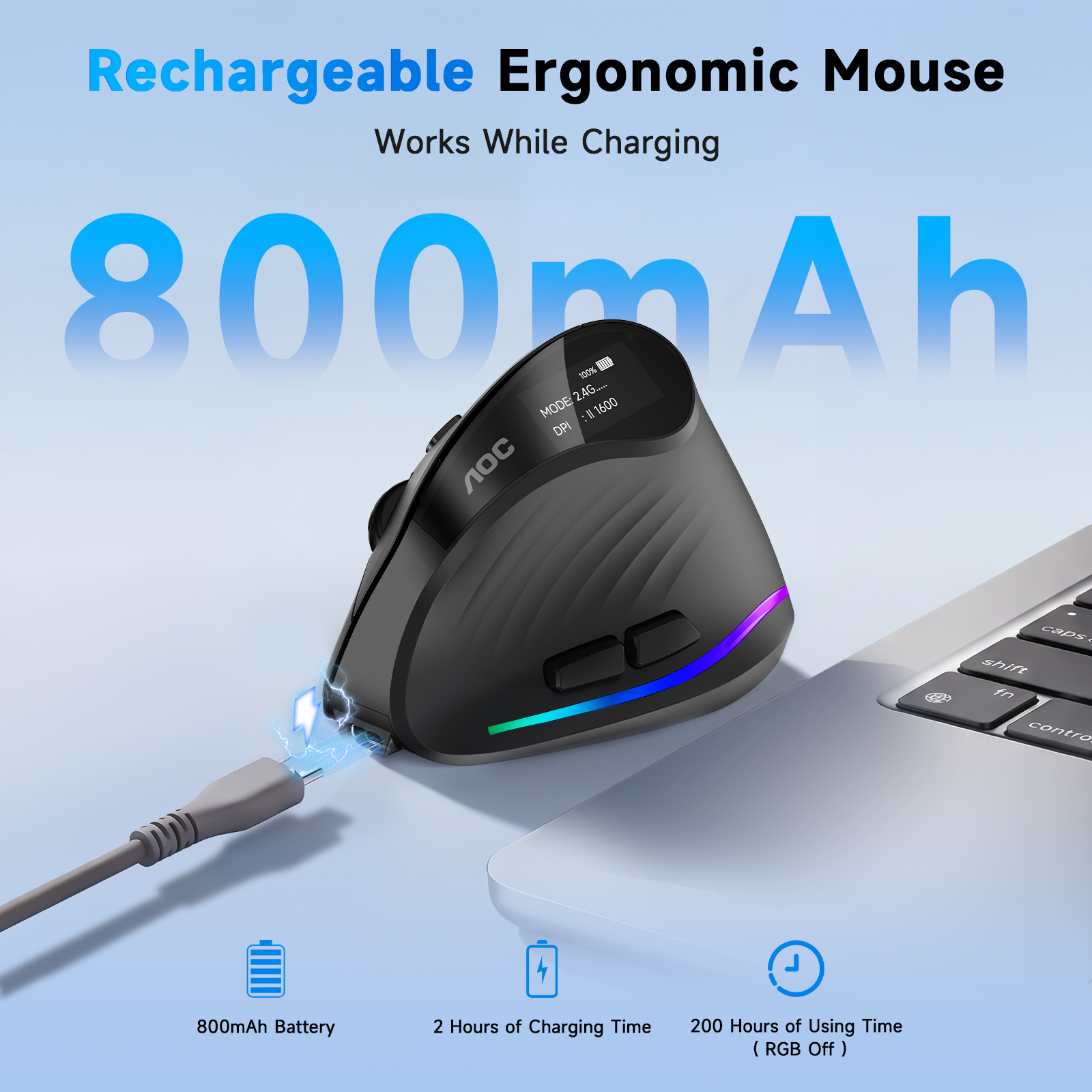 Froura AOC Ergonomic Vertical Wireless Mouse, 4800 DPI, Black photo 8