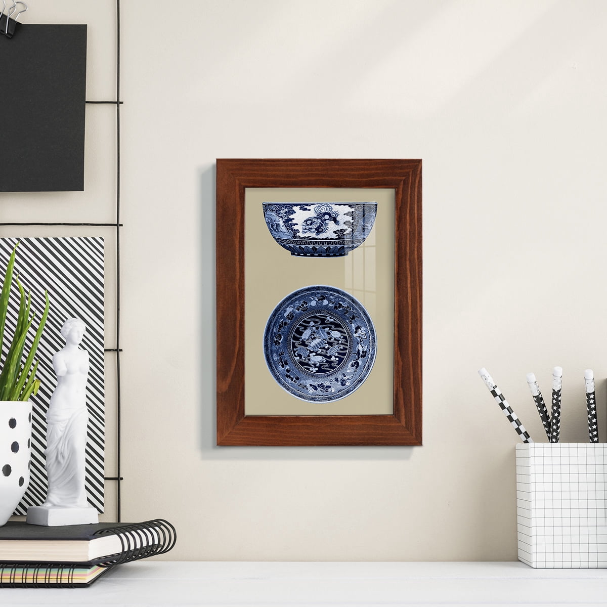 Porcelain in Blue and White I -Framed Print w/glass-Chestnut