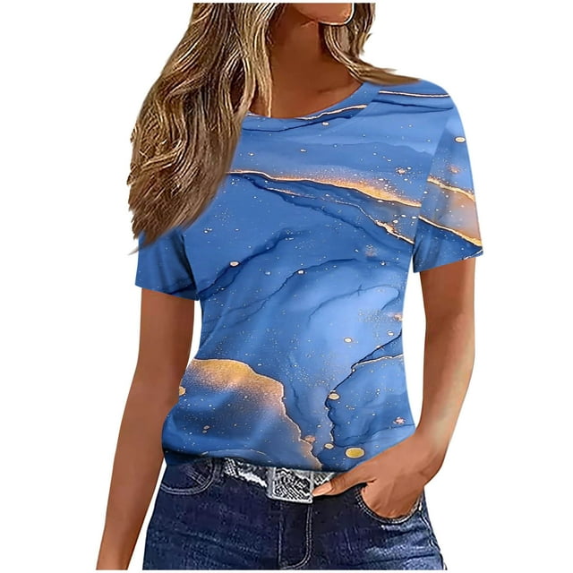 Pisexur Hauts pour Femmes, Hauts de Printemps pour Femmes 2025, Hauts pour Dames, T-shirt Imprimé Décontracté et Tendance pour Femmes avec Col Rond et Manches Courtes Bleu, TG