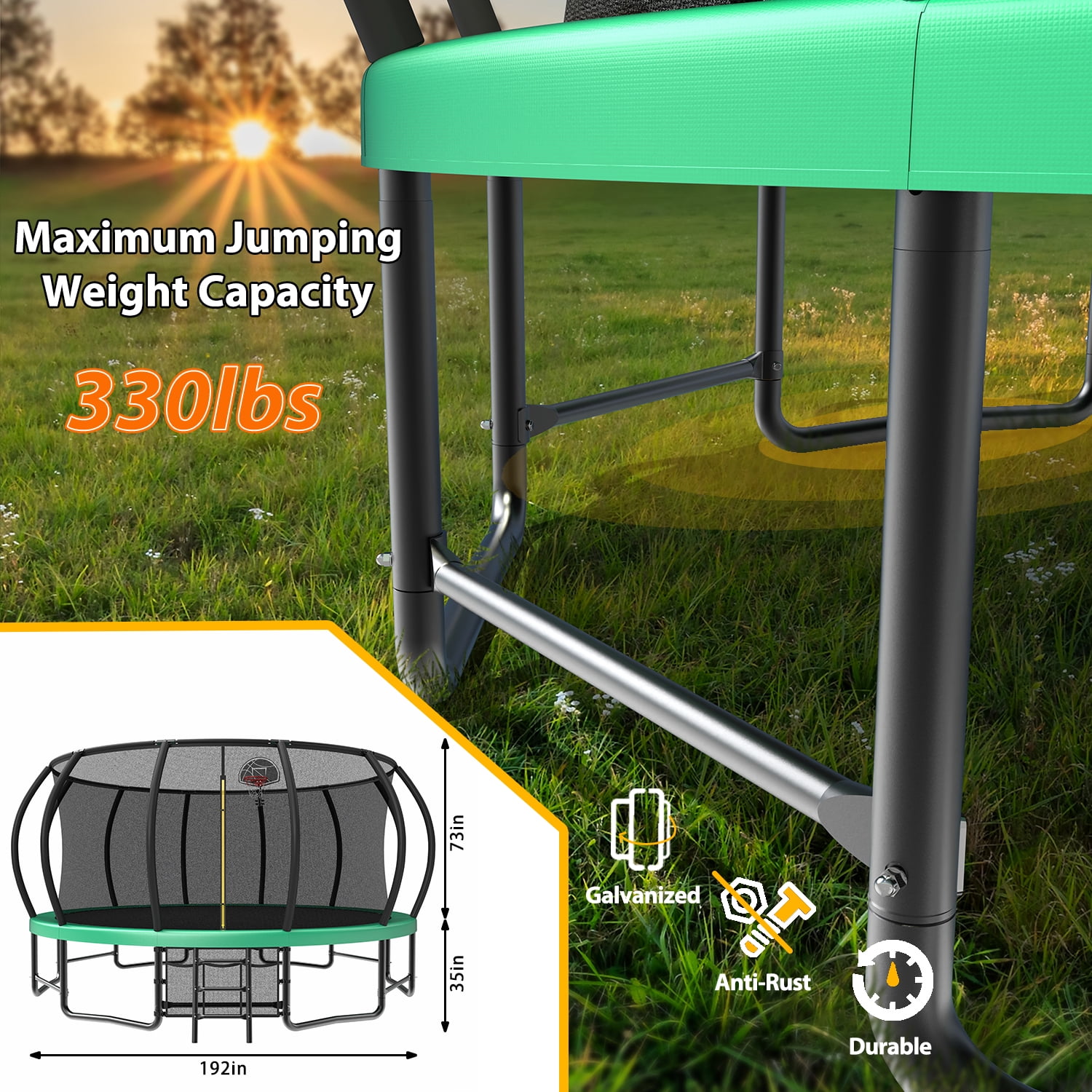 Leumius 16FT Trampoline with Enclosure Net,Outdoor Heavy Duty Pumpkin Trampolines with Curved Poles,Recreational Trampolines with Ladder and Basketball Hoop for Kids and Adults,Green