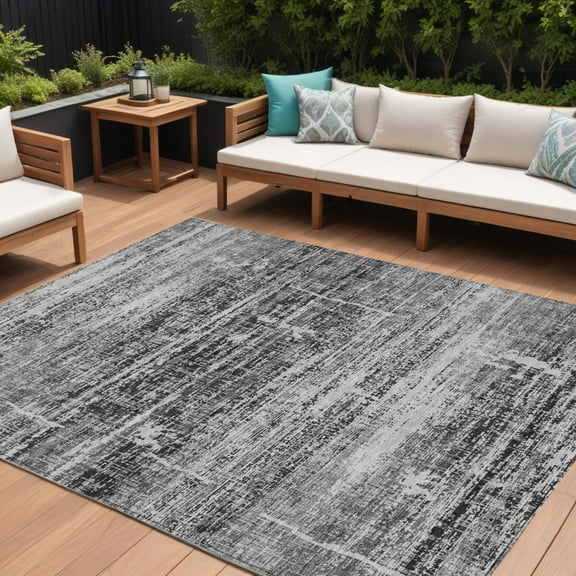 HomeRoots 584618 9 x 12 ft. Abstract Washable Indoor & Outdoor Rectangle Area Rug, Black, Gray & Charcoal