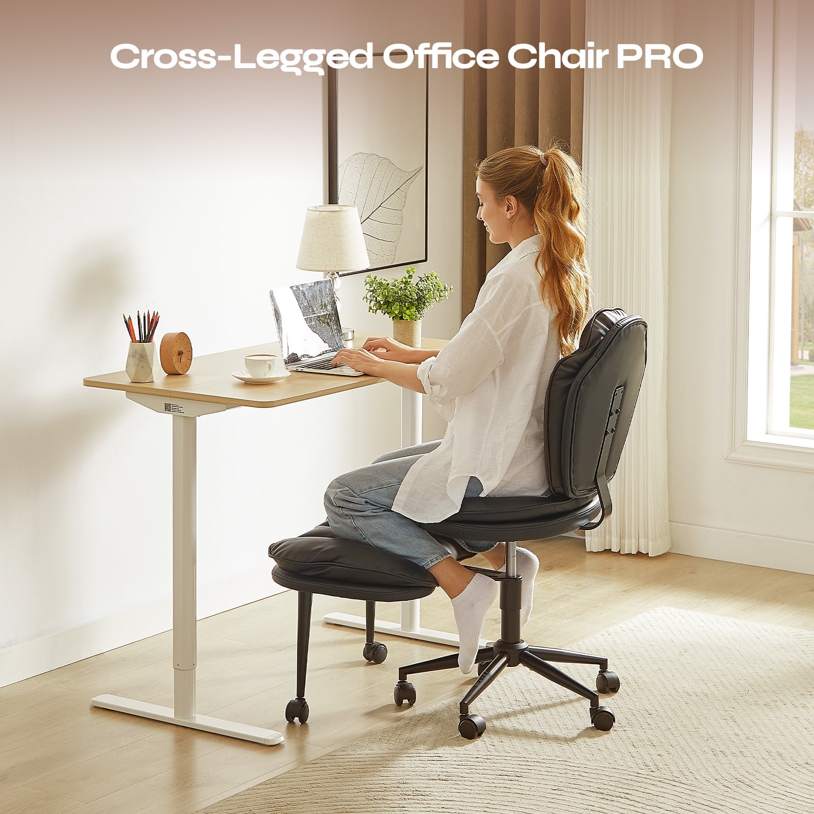 Pinmoco Ergonomic Cross Legged Chair, Cloud Comfort Wide Seat Desk Chairs for Adhd,Meditation ,Yoga and Home Office with Strong Lumbar Support, Black