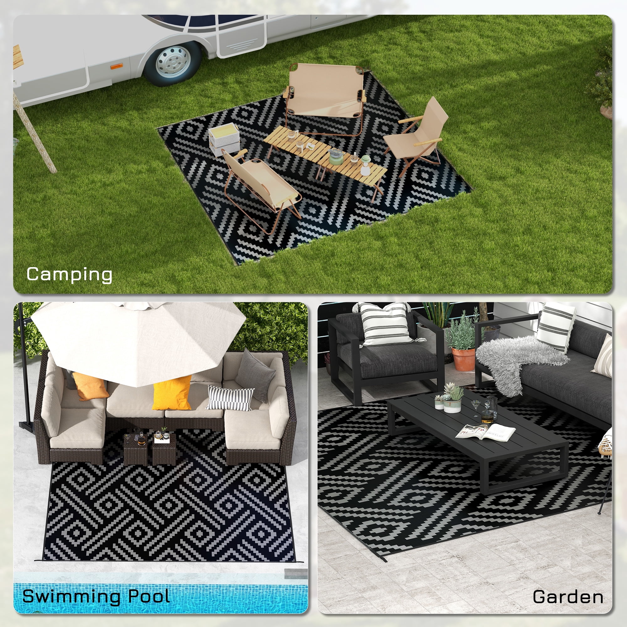 Outsunny RV Mat, Outdoor Patio Rug / Large Camping Carpet with Carrying Bag, 8' x 10', Waterproof Plastic Straw, Reversible, Black & Gray Geometric