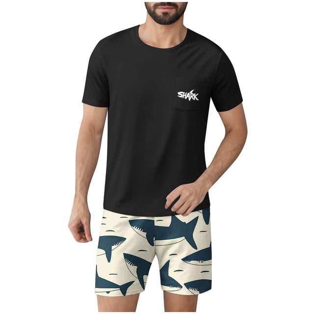 Ensembles de Pyjamas 2 Pcs pour Hommes Ultra Doux Texturés Costumes Athlétiques Extensibles Col Rond Manches Courtes Chemises Athlétiques Extensibles Séchage Rapide Vêtements de Détente Shorts Ensembles d'Été Hommes 2 Pcs Chemise de Nuit