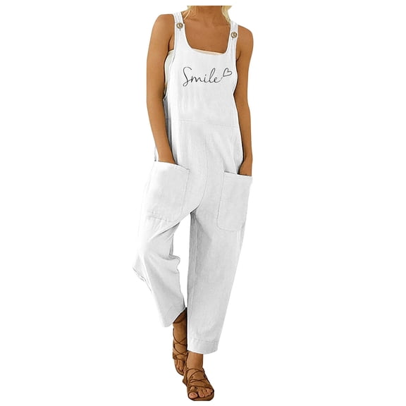 DHFJKG Women's Summer Bib Overalls Casual Letter Print Loose Fit Straight Leg Pants One Piece Jumpsuit With Pockets Beach Travel Outfit Versatile Onesie