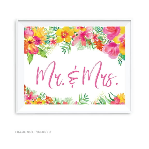 Tropical Floral Garden Party Wedding Party Signs, Mr. & Mrs., 8.5x11-inch