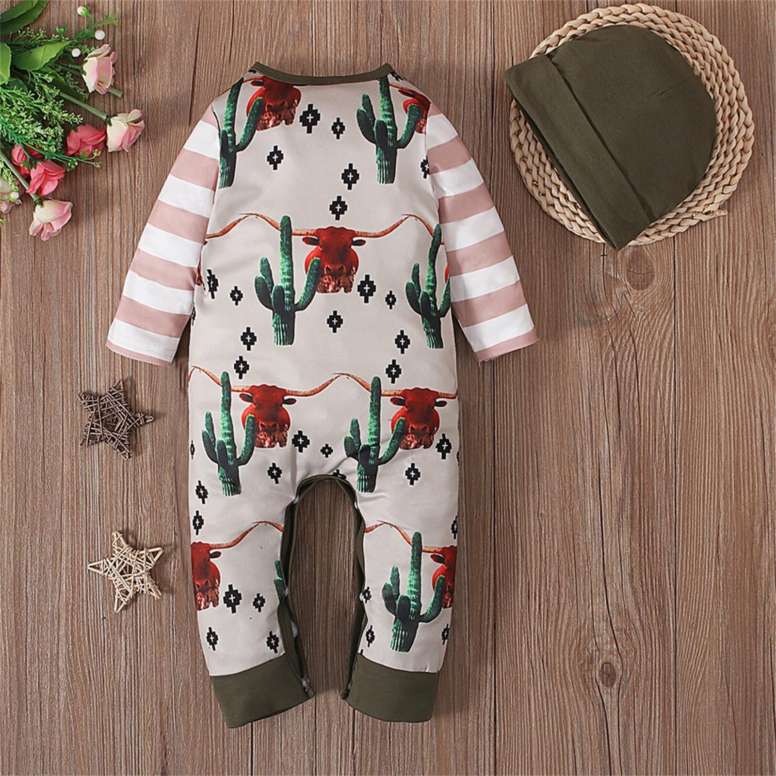 JIKNTTR Baby Boy Girl Western Clothes Cow Print Long Sleeve Romper Jumpsuit One Piece Spring Fall Winter Outfit Rompers With Hat Set 0-3 Months