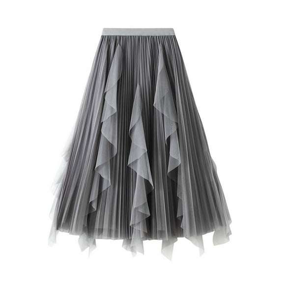 Wuxian Women'S Midi Skirt Solid Colot High Waisted Ruffled Tiered Mesh Pleated A Line Elegant Flowy Long Tulle Skirt Party Wedding Guest Dailywear,Grey,One Size