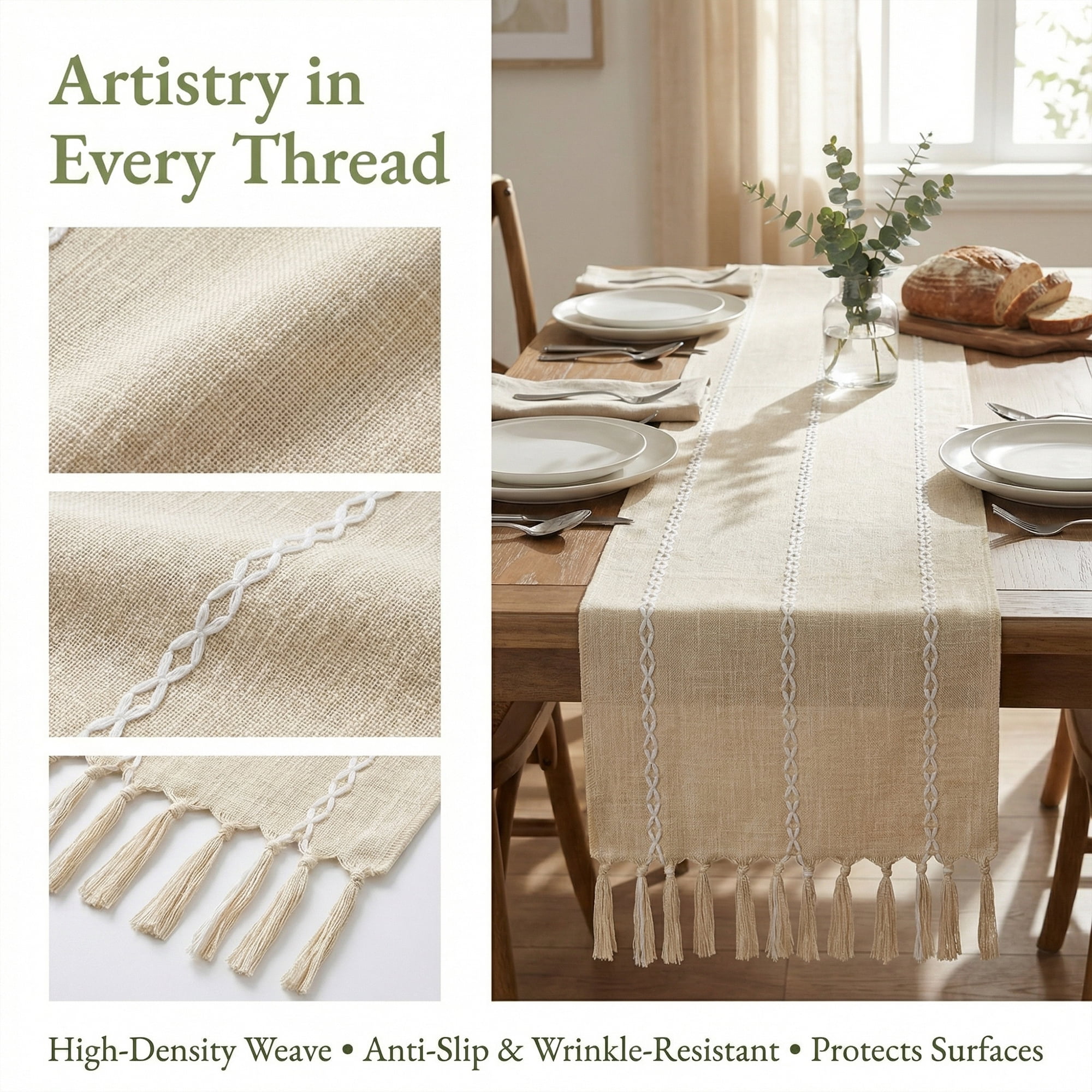 Unique Bargains Washable Polyester Kitchen Runner with Tassel for Dining Beige 13"x89.8"