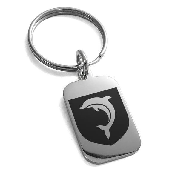 Stainless Steel Dolphin Diligence Coat of Arms Shield Engraved Small Rectangle Dog Tag Charm Keychain Keyring