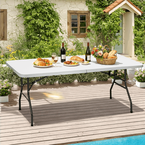 Dkelincs White Folding Table 6ft Indoor Outdoor Plastic Portable Foldable Table Utility Table with Handle & Steel Legs for Camping Picnic Party Dining