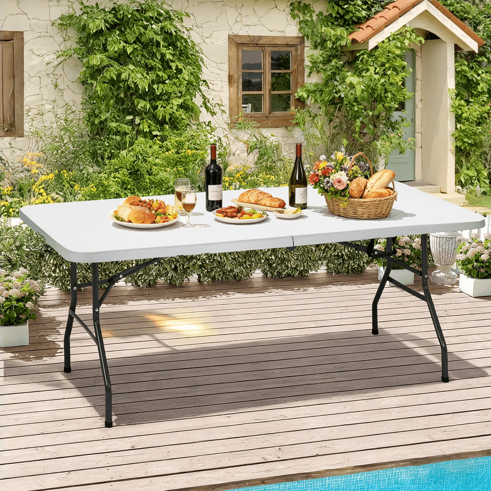 Dkelincs White Folding Table 6ft Indoor Outdoor Plastic Portable Foldable Table Utility Table with Handle & Steel Legs for Camping Picnic Party Dining