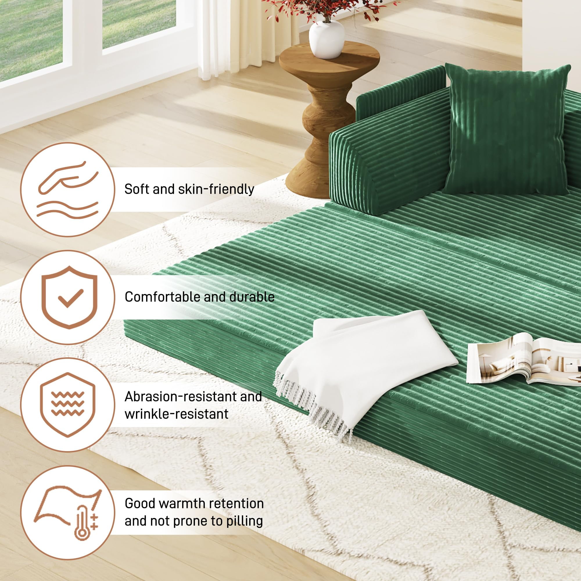 Blotout 5-in-1 Folding Convertible Sofa Bed with 3 Pillows, 79" Large Corduroy Boneless Couch with Armrest Pockets, Lounge Loveseat Sleeper with Pull Out Bed for Living Room Bedroom, Green