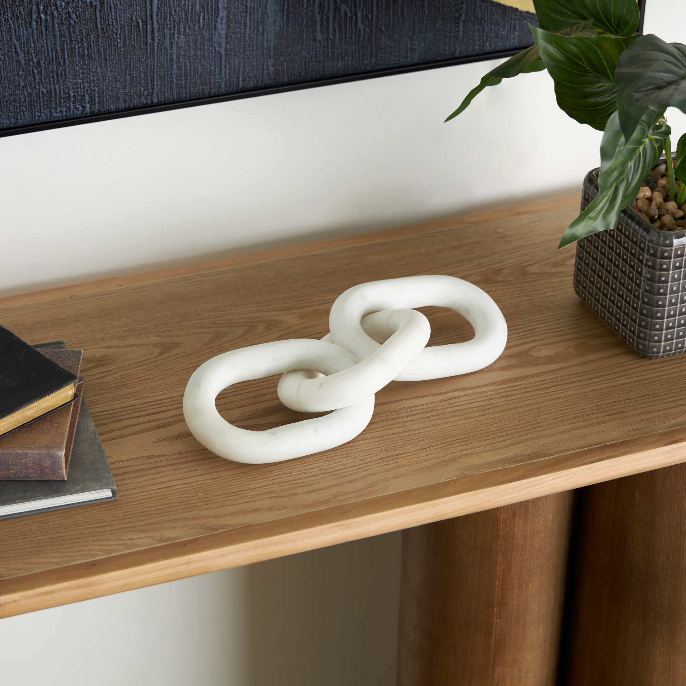 13" x 3" White Marble Handmade Oval 3 Link Chain Sculpture, by DecMode