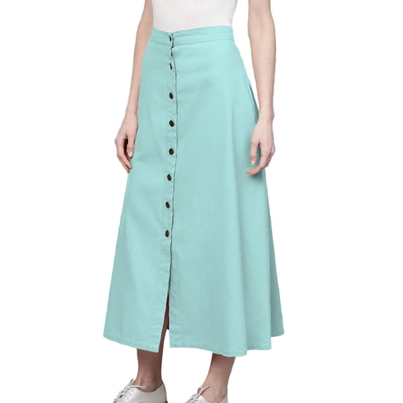 Women's Cotton A-line Button Front High Waist Front Slit Knee Length Skirt, Color : turquoise, Size: 5XL