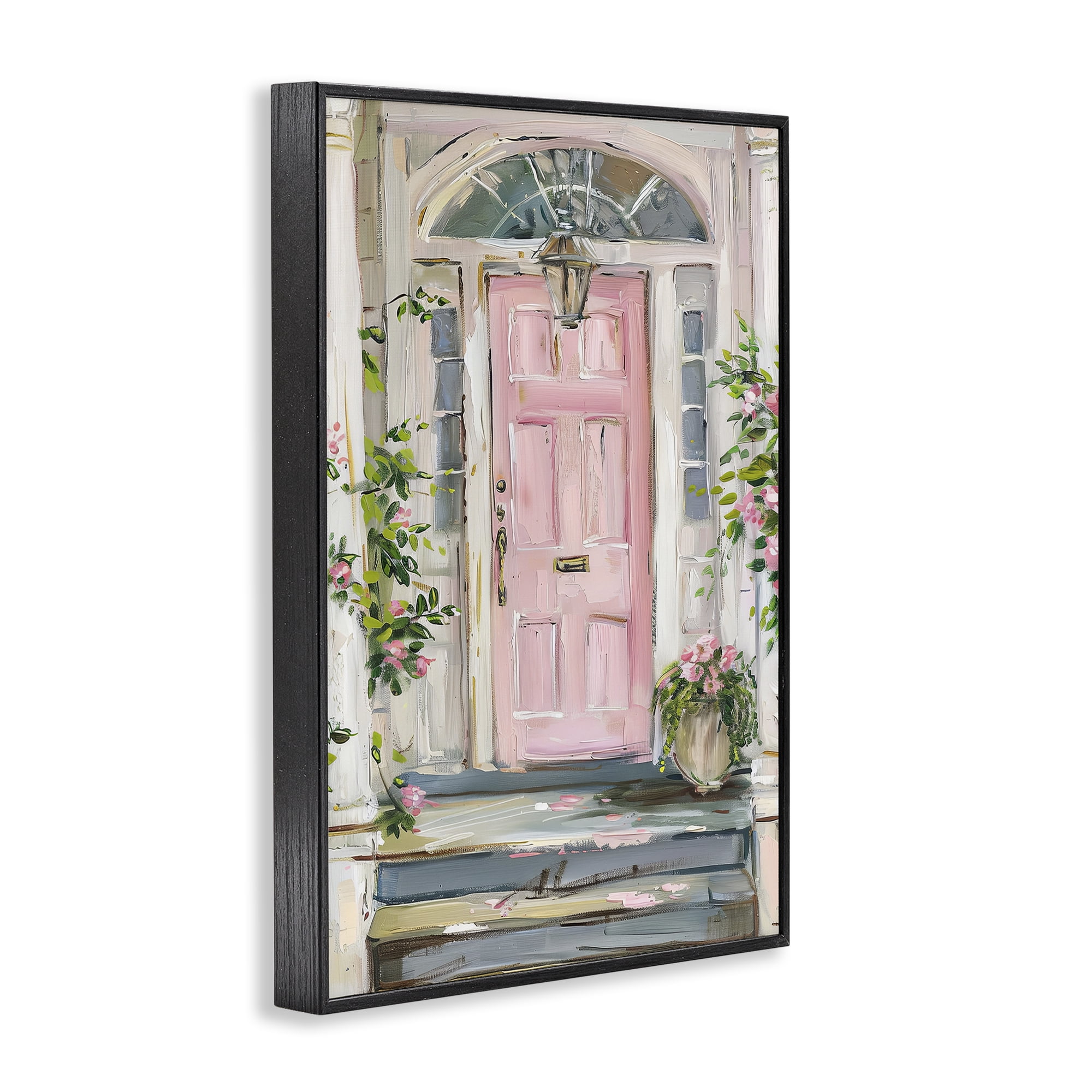 Stupell Industries Pink Door Welcome Town & City Painting Black Framed Art Print Wall Art, 12 x 18