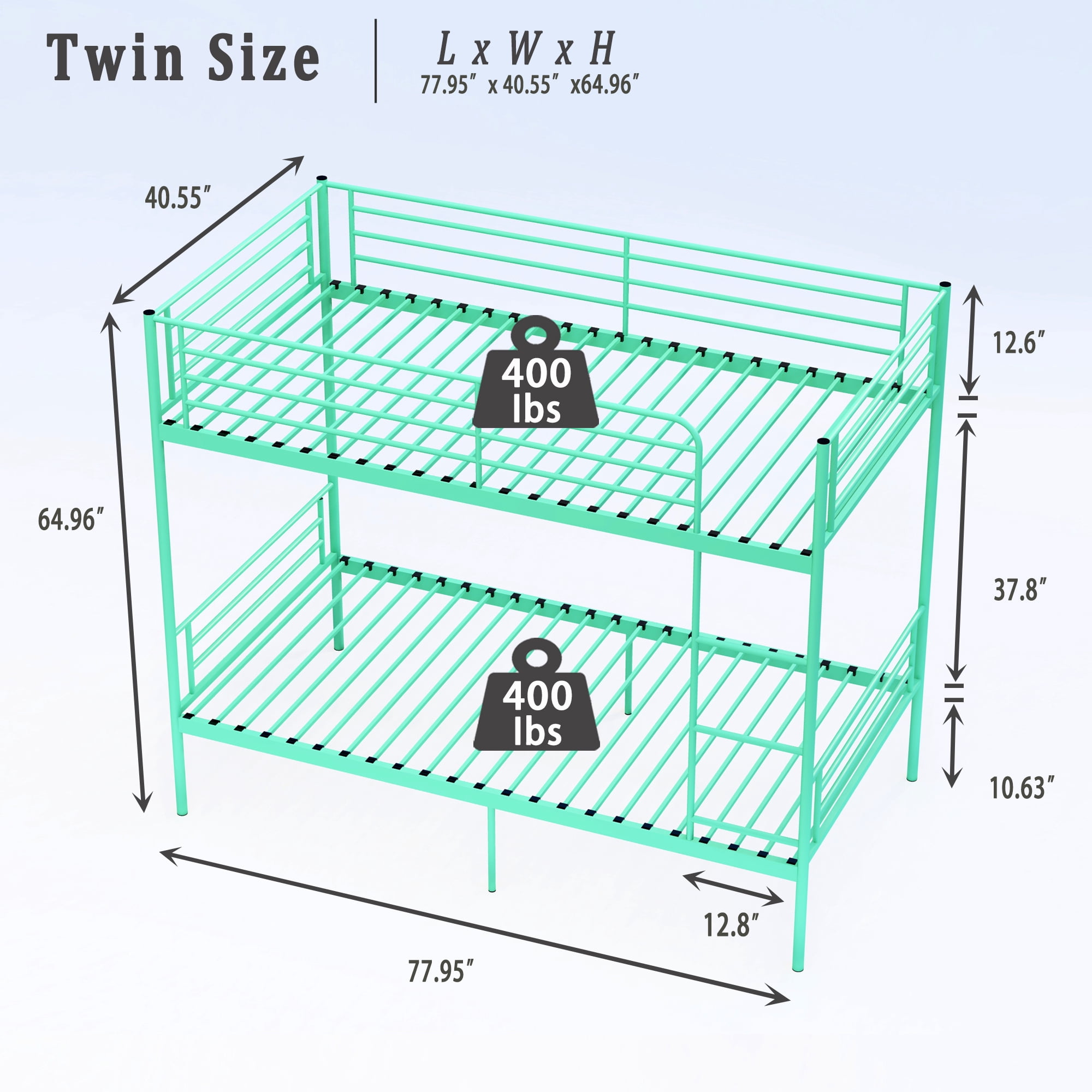 Leumius Twin over Twin Bunk Bed,Metal Bed Frame with Ladder and Guardrail,Noise Free,Easy Assemble,Able to Split 2 Bed,Green