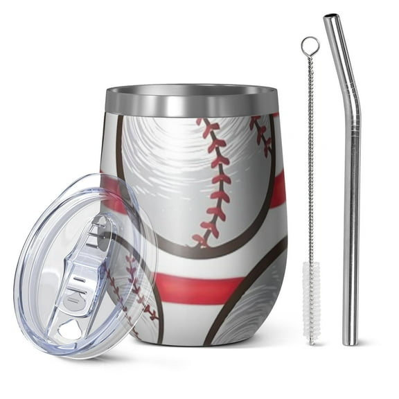 12oz Stemless Wine Tumblers Red and White Striped Baseballs Pattern Vacuum Insulated Stainless Steel Travel Tumbler Cups Mug with Lid and Straw for Champaign,Cocktail,Beer with Cleaning Brush