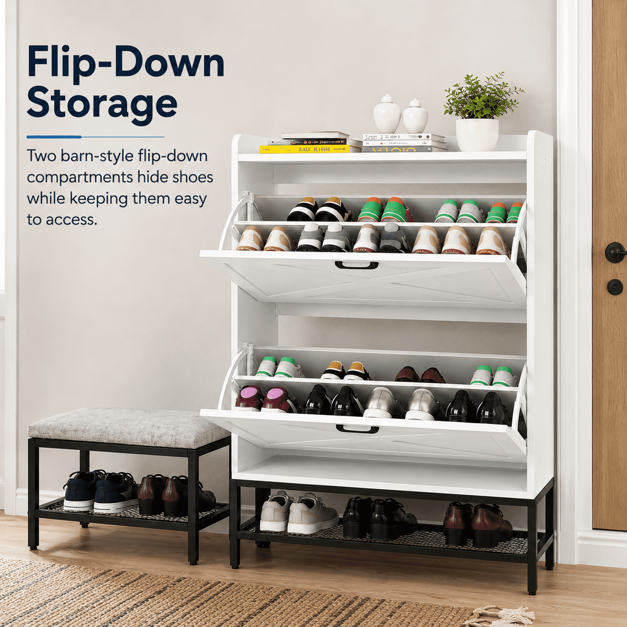 Alvantor Shoe Cabinet with Bench, 2 Flip-Down Barn Doors, Holds 12-16 Pairs, 47.2" W, White