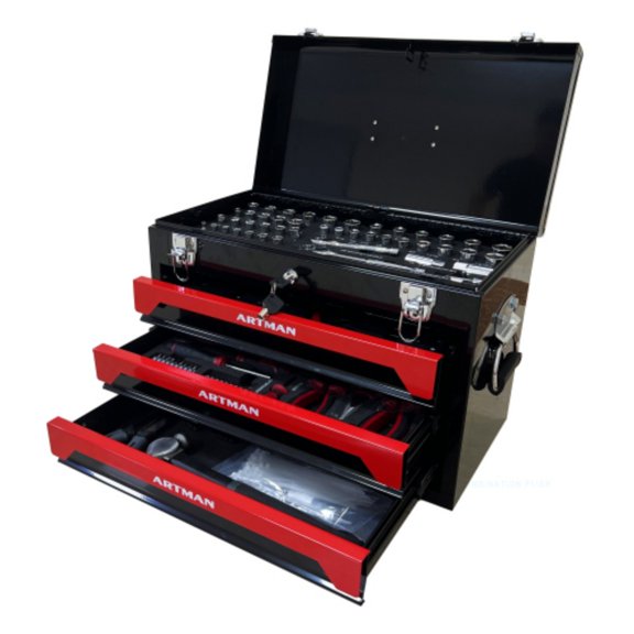 3 Drawers Tool Box with Tool Set,Metal Toolbox Portable Tool Chest Organizer with Ball-Bearing Drawer Slides for Garage Workshop Maintenance Repair Projects Black Red