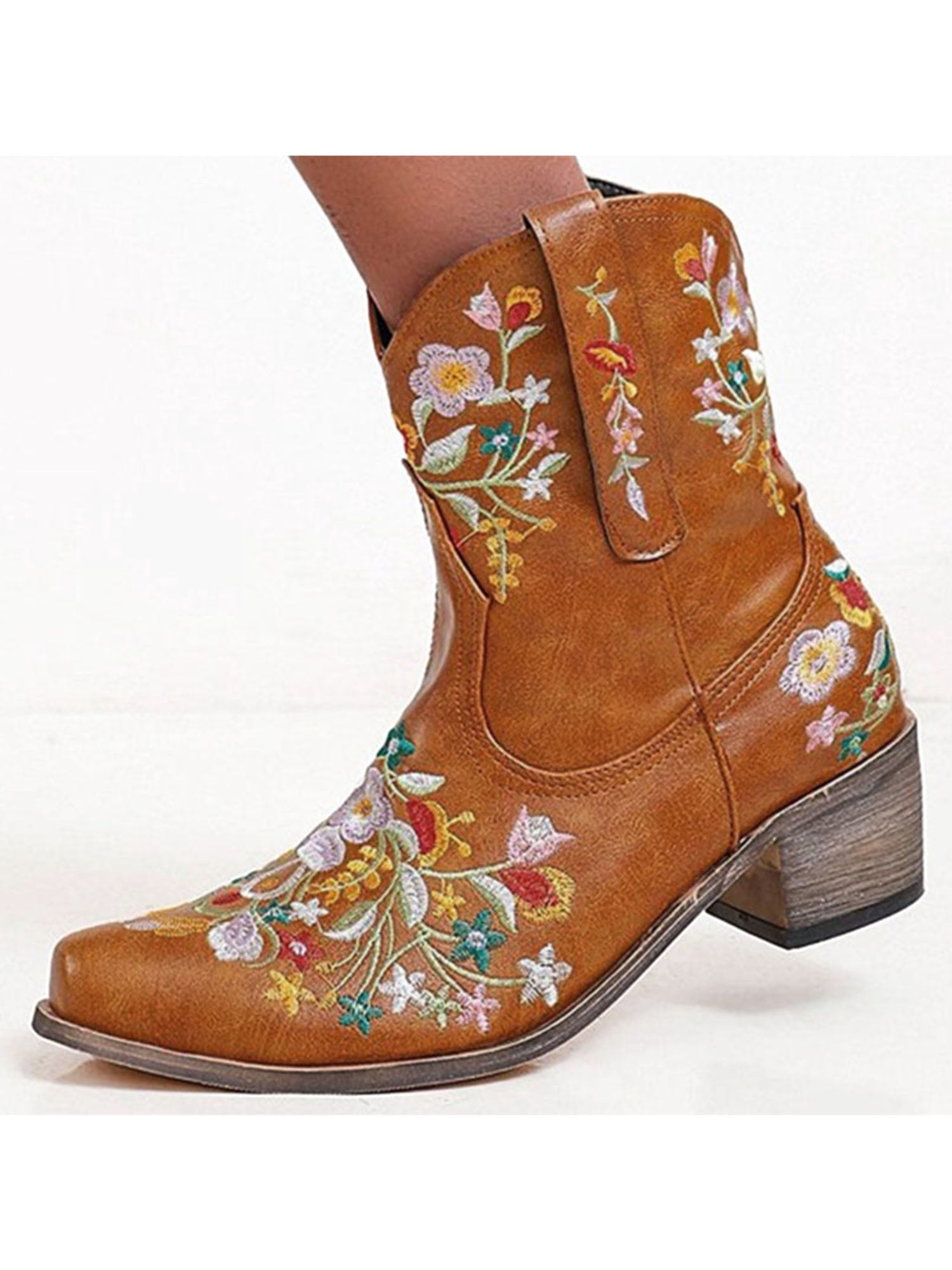 Audeban Women's Embroidery Mid-Calf Riding Boots Low Heel Western Booties Pull on Shoes, Size: 8