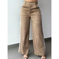 thumbnail image 3 of Women's Vintage Brown Wide Leg Pants With White Side Stripes, Button Zipper Pockets, Long Woven Fabric Trousers, Autumn Fashion Choice For Commute And Office, 3 of 7