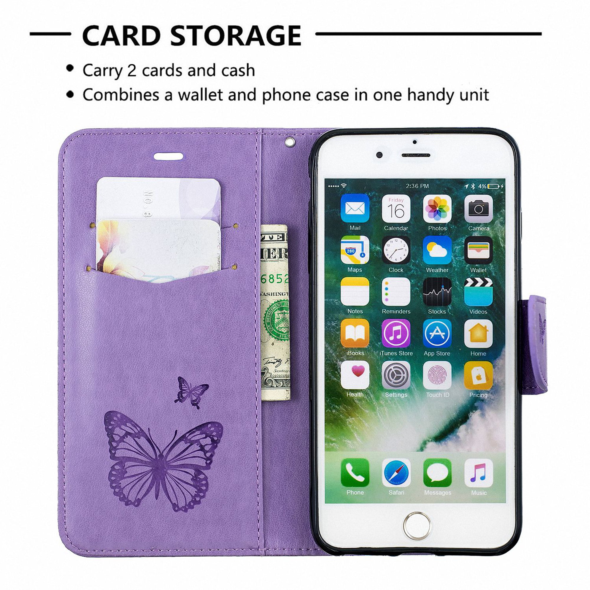 Strap Leather Case for iPhone 6S,Wallet Cover for iPhone 6,Herzzer Classic 3D Dark Purple Butterfly Flower Print Relief Magnetic Stand Case with Soft TPU 