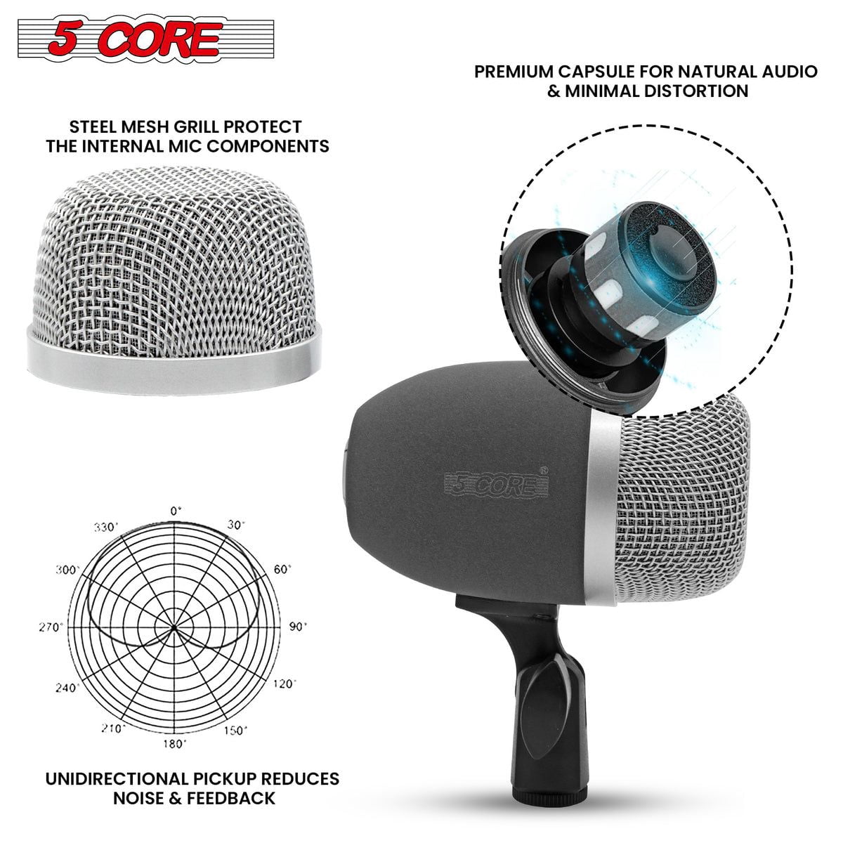 5 Core Tabla Mic XLR Wired Uni Directional Snare Tom Instrument Microphone BLACK