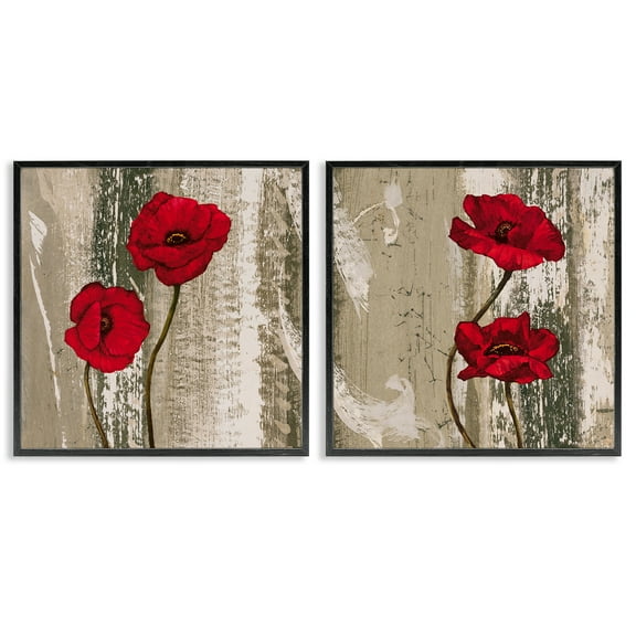 Stupell Industries Bright Red Blooms on Rustic Landscape & Nature Painting Black Framed Art Print Wall Art, 12 x 12, Set of 2