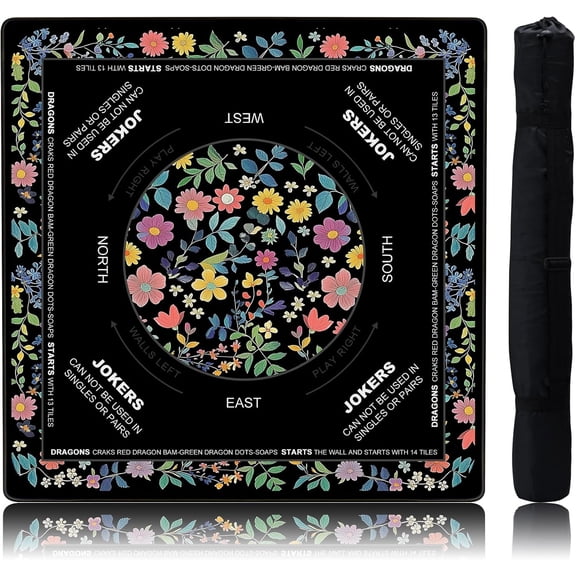 Mahjong Mat (31.5x31.5) Noise Reduction Non-Slip with Playing Instructions for Learning, Farmhouse Black Floral Mahjong Mat for Table with Carrying Bag for Mahjong, Poker, Board Games and Cards