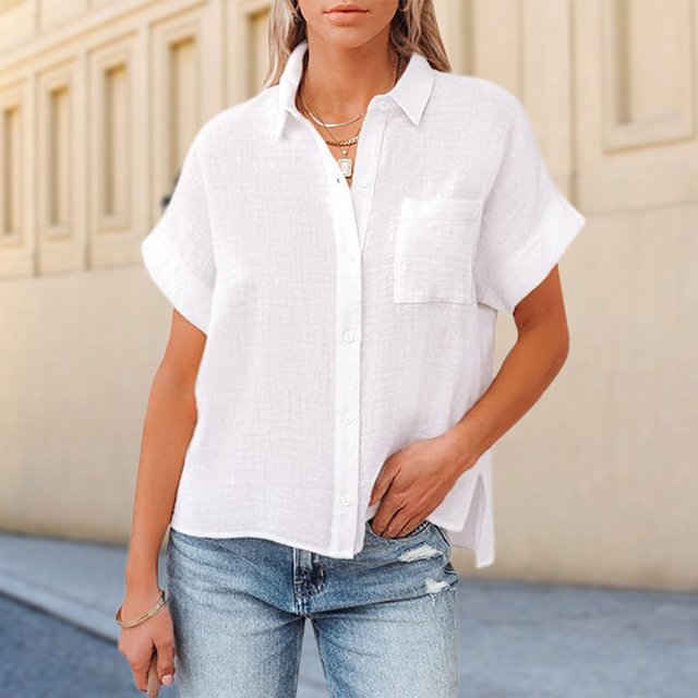 Parte Superior De La Moda Blusas básicas de algodón Ropa diaria de manga corta para mujer de corte holgado (Blanco M) Cgtredaw Para estrenar