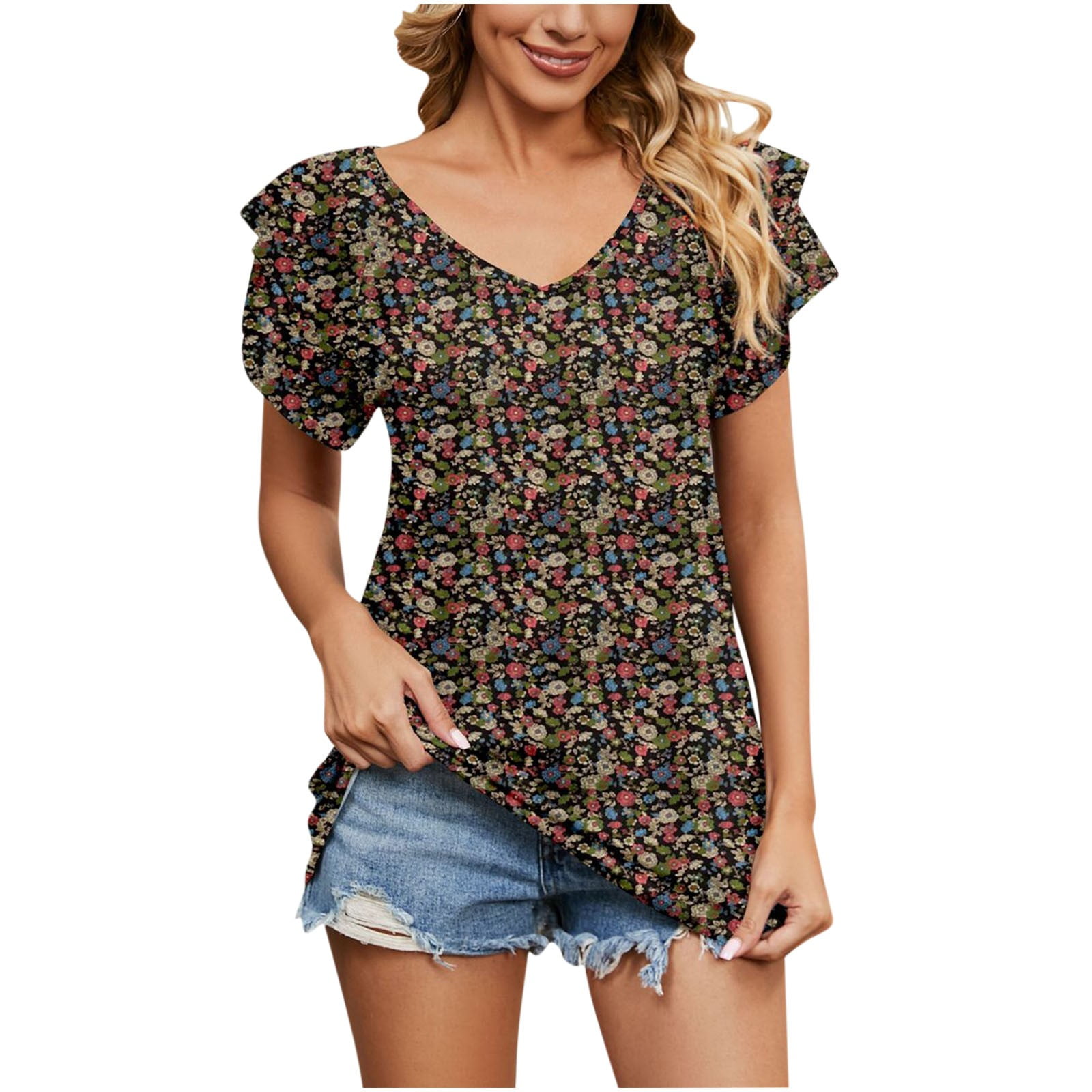 REORIAFEE Sales Today Clearance Only Fashion T-Shirt Floral Print Lace  Three Quarter Sleeve Blouse V-Neck Casual Tops Yellow L 