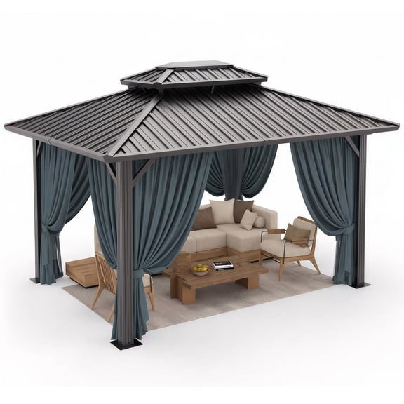 HOTEEL 10' x 12' Hardtop Gazebo, Outdoor Steel Double Galvanized Roof Canopy, Aluminum Frame Permanent Pavilion Metal Gazebo with Curtains and Netting, Sunshade for Patios, Gardens, Lawns, Black